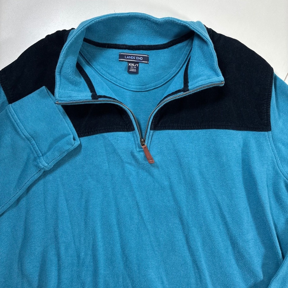 Lands' End Quarter Zip Pullover 2XL Blue Corduroy Trim Mock Neck Hiking